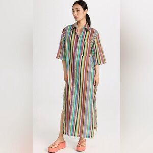 Simon Miller Santos Deco Stripe Colorful Linen Maxi Shirt Dress Cover Up Sz M